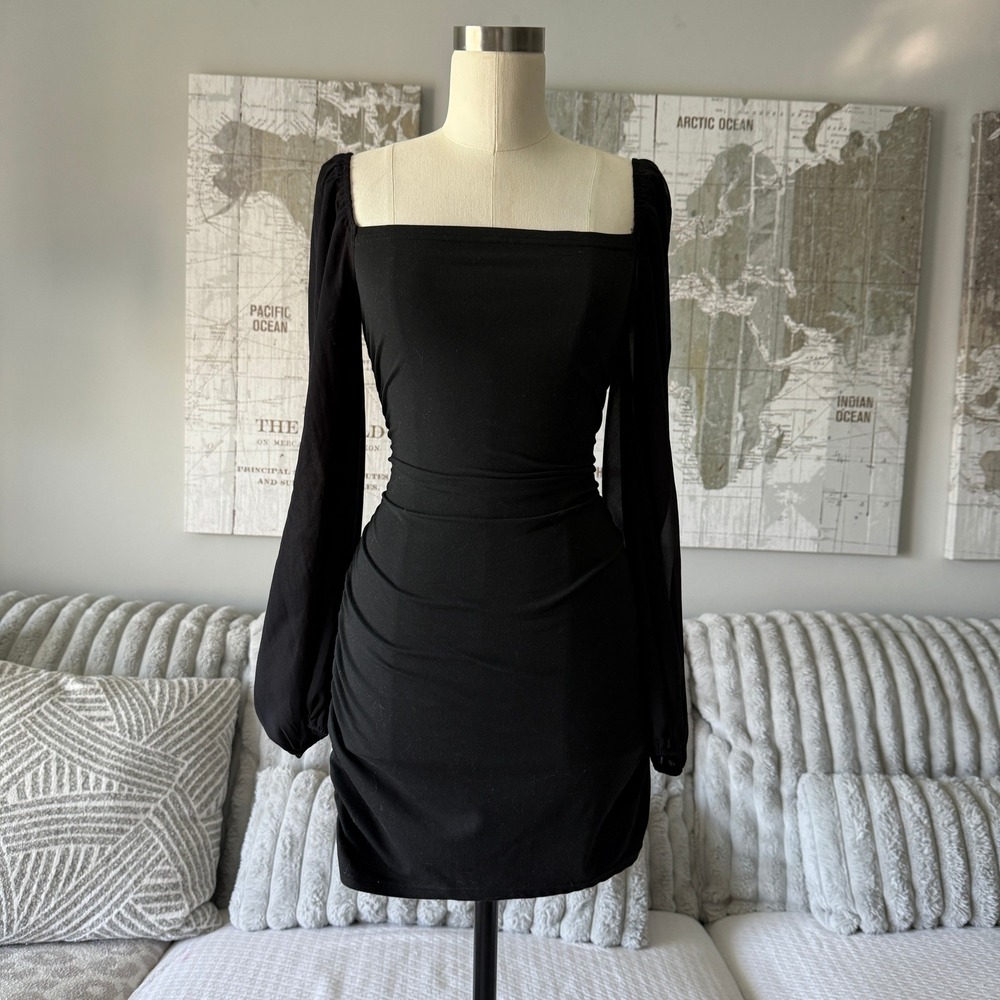Salant Women Black Ruched Bodycon Mini Dress Sheer Long Sleeve Square Neck Sz 4